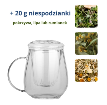 Szklany kubek z zaparzaczem i pokrywką 350 ml + 20 g ziół GRATIS