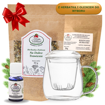 Zestaw ,,Trawienie i Jelita'' z herbatką, olejkiem ,,Zdrowa Zima'' i szklanym zaparzaczem + 20 g ziół GRATIS