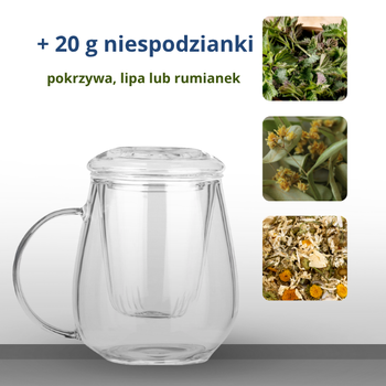 Szklany kubek z zaparzaczem i pokrywką 400 ml  + 20 g ziół GRATIS