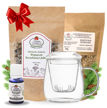 Zestaw Herbatka ziołowa ,,Wsparcie Szczelności Jelit 2'' + kubek z zaparzaczem + olejek ,,Zdrowa Zima'' 10 ml + 20 g ziół GRATIS