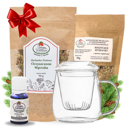 Zestaw Herbatka ziołowa ,,Oczyszczona Wątroba'' + kubek z zaparzaczem + olejek ,,Zdrowa Zima'' 10 ml + 20 g ziół GRATIS