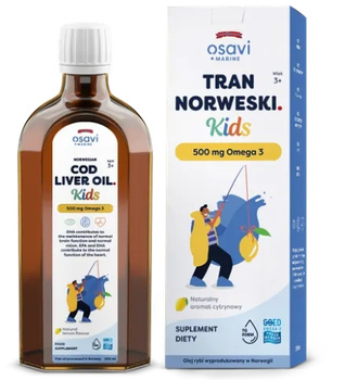 Tran Norweski Kids, 500 mg Omega 3, naturalny aromat cytrynowy, 250 ml - Osavi
