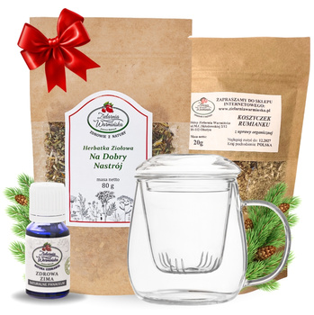 Zestaw Herbatka ziołowa ,,Na Dobry Nastrój'' + kubek z zaparzaczem + olejek ,,Zdrowa Zima'' 10 ml + 20 g ziół GRATIS