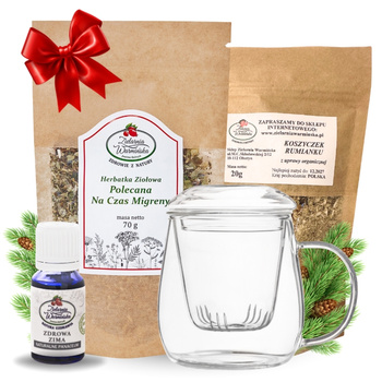 Zestaw Herbatka ziołowa ,,Polecana Na Czas Migreny'' + kubek z zaparzaczem + olejek ,,Zdrowa Zima'' 10 ml + 20 g ziół GRATIS