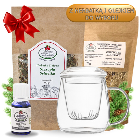 Zestaw ,,Dla Kobiet'' z herbatką, olejkiem ,,Zdrowa Zima'' i szklanym zaparzaczem + 20 g ziół GRATIS