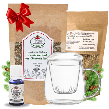 Zestaw Herbatka ziołowa ,,Szwedzkie Zioła wg. Ożarowskiego" + kubek z zaparzaczem + olejek ,,Zdrowa Zima'' 10 ml + 20 g ziół GRATIS