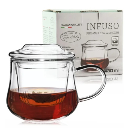 Szklany kubek z zaparzaczem i pokrywką 430 ml  + 20 g ziół GRATIS
