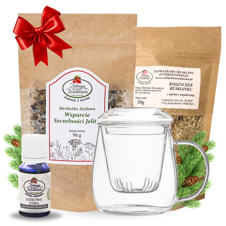 Zestaw Herbatka ziołowa ,,Wsparcie Szczelności Jelit 2'' + kubek z zaparzaczem + olejek ,,Zdrowa Zima'' 10 ml + 20 g ziół GRATIS