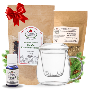 Zestaw Herbatka ziołowa ,,Bomba Przeciwutleniaczy'' + kubek z zaparzaczem + olejek ,,Zdrowa Zima'' 10 ml + 20 g ziół GRATIS
