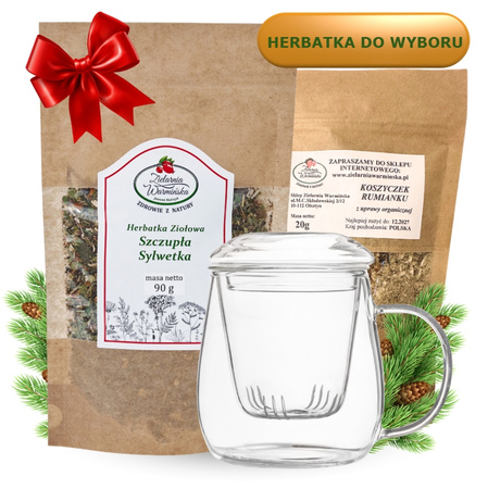 Zestaw ,,Dla Kobiet" z herbatką i szklanym zaparzaczem + 20 g ziół GRATIS