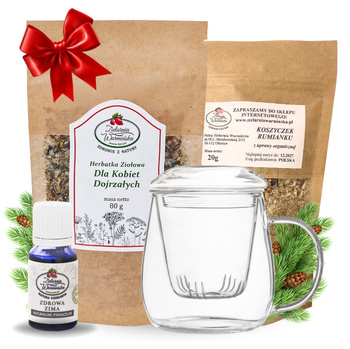 Zestaw Herbatka ziołowa ,,Dla Kobiet Dojrzałych'' + kubek z zaparzaczem + olejek ,,Zdrowa Zima'' 10 ml + 20 g ziół GRATIS