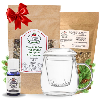 Zestaw Herbatka ziołowa ,,Wspomaga Naczynia Krwionośne'' + kubek z zaparzaczem + olejek ,,Zdrowa Zima'' 10 ml + 20 g ziół GRATIS