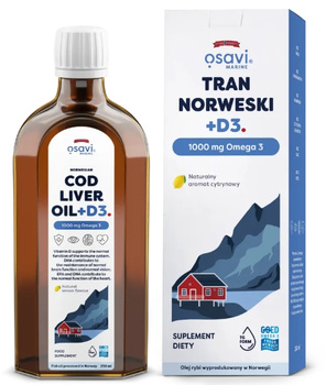  Tran Norweski + D3, 1000 mg Omega 3, naturalny aromat cytrynowy, 250 ml - Osavi