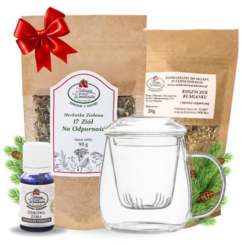 Zestaw Herbatka ziołowa ,,17 Ziół na Odporność'' + kubek z zaparzaczem + olejek ,,Zdrowa Zima'' 10 ml + 20 g ziół GRATIS