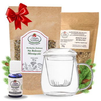 Zestaw Herbatka ziołowa ,,Na Bolesne Miesiączki'' + kubek z zaparzaczem + olejek ,,Zdrowa Zima'' 10 ml + 20 g ziół GRATIS
