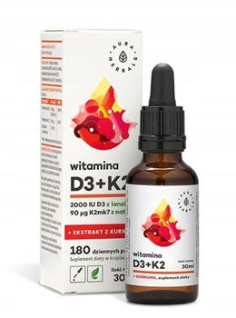 Witamina D3 2000 IU + K2 + ekstrakt z kurkumy, 30 ml - Aura Herbals 
